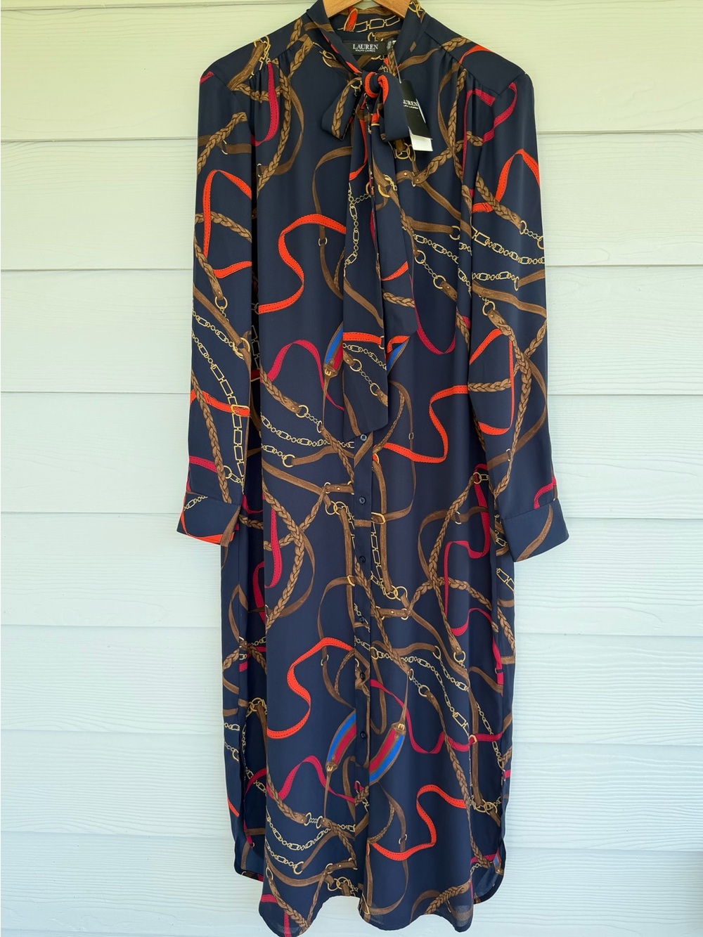 Ralph Lauren Georgette Equestrian Chain Print Tie Neck Midi Dress Navy 14 - Picture 3 of 11
